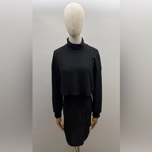 SHEIN Black Ribbed 2-Piece Dress Set Cropped Long Sleeve Top & Slip Dress Size S